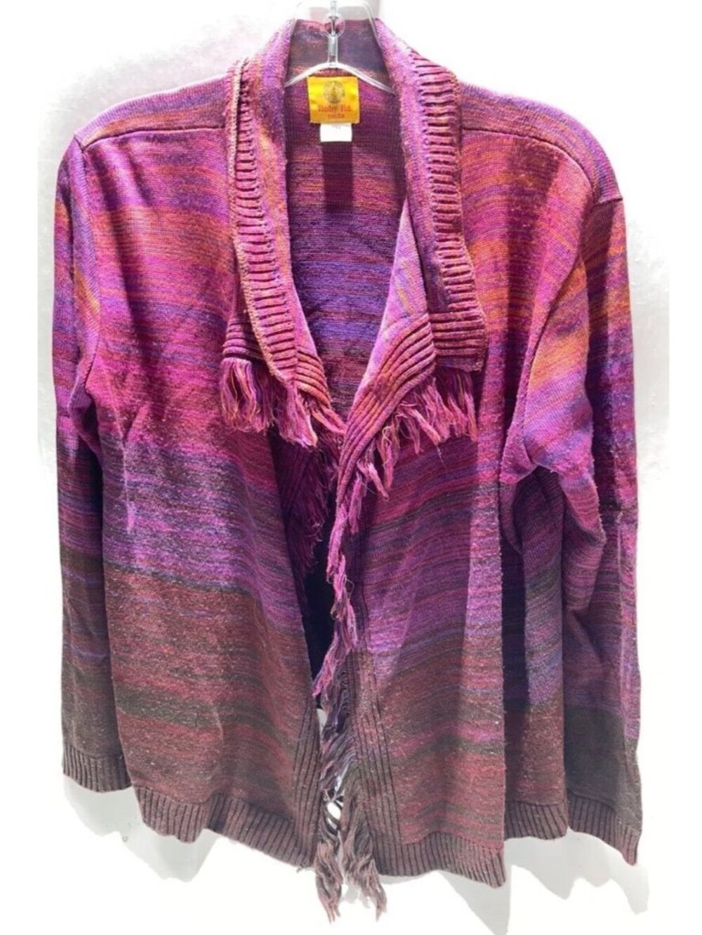 Ruby Rd. Petite Medium Pink Purple Grey Fringe Open Front Knit Sweater Cardigan